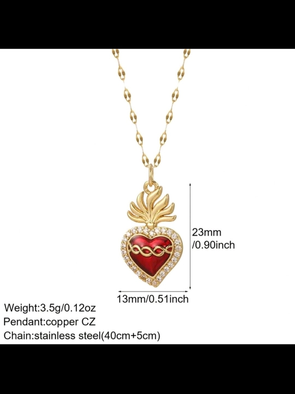 Gold Red Sacred Heart Pendant Necklace